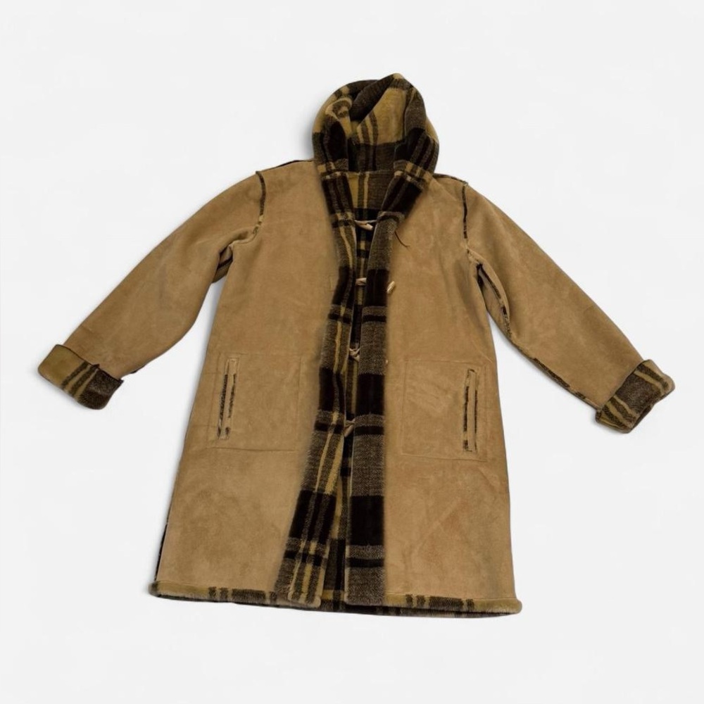 Centigrade QVC Beige Faux Suede Hooded Toggle Coat Size Large Cozy Fleece Winter